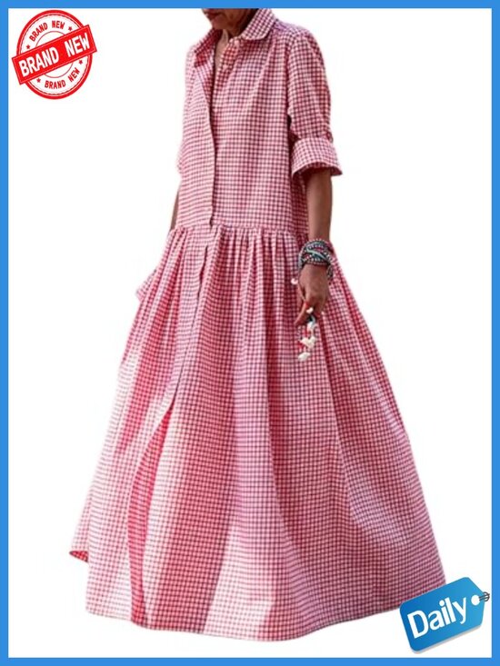 Dresses & Skirts - Swing Maxi Dress Plaid Cotton Button Down Long Sleeve